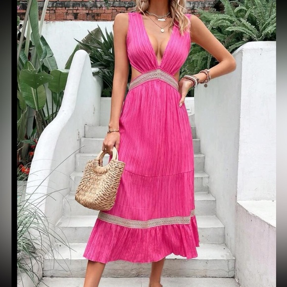 Hot Pink Sheer Lace Cut Out Ruffle Hem Tie Back Dress - Picture 4 of 13